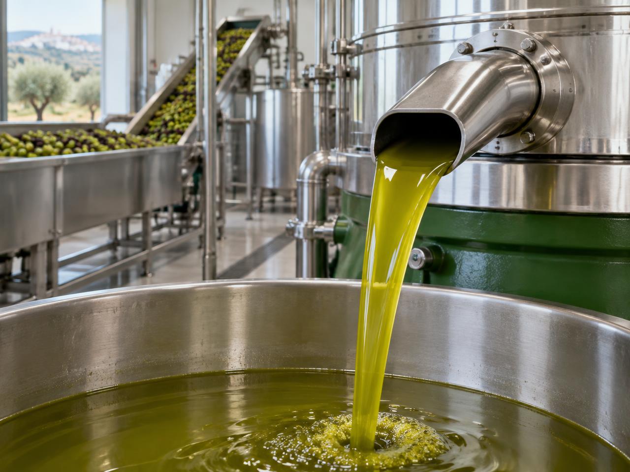 Aceite de oliva virgen extra saliendo de una centrífuga